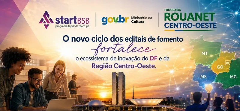 Arte com os logos Start BSB e Rouanet Centro-Oeste e o título sobre o novo ciclo dos editais de fomento